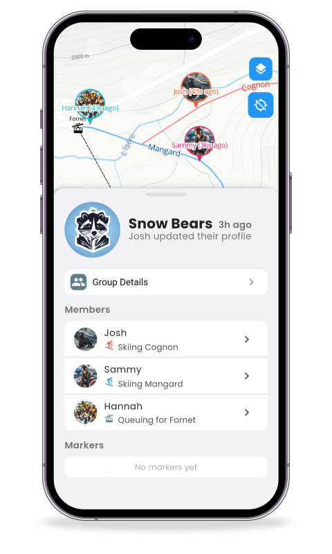 Iphone displaying the Piste App with the Snow Bears Ski Group selected