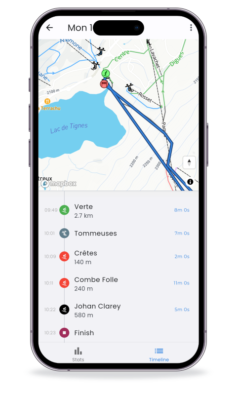 Iphone displaying the Piste App with the Skiing Timeline showing a completed session